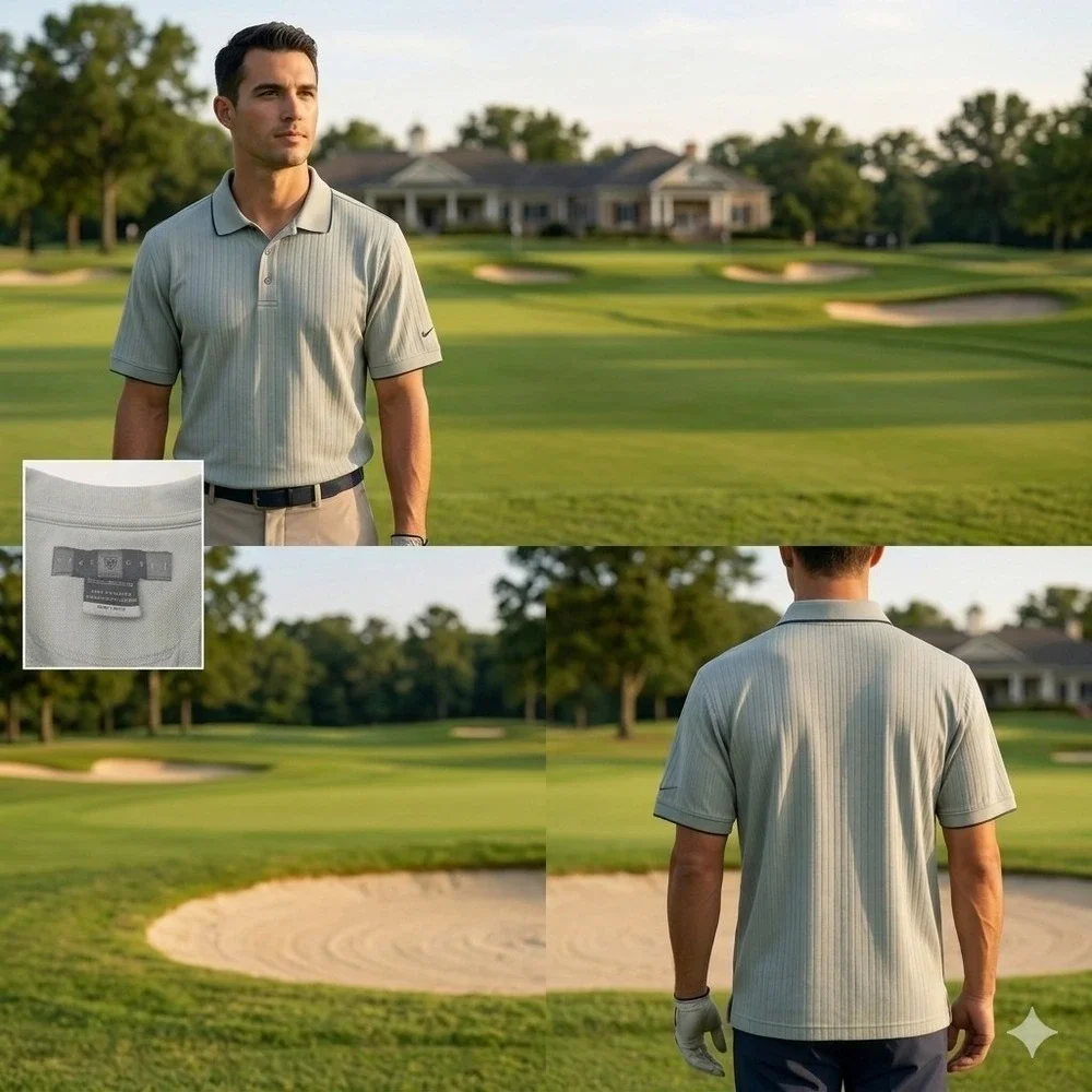 NIKE GOLF Dri-FIT Polo Shirt XL Sage Green Vertical Stripe Textured Short Sleeve